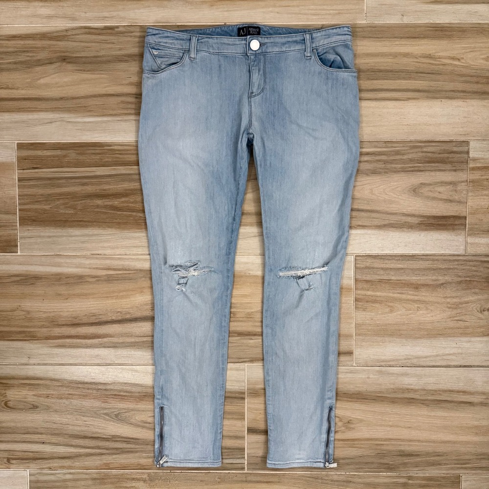 Armani Jeans Womens 30 Light Wash Distressed Rhinestone Ankle Zip Skinny Jeans